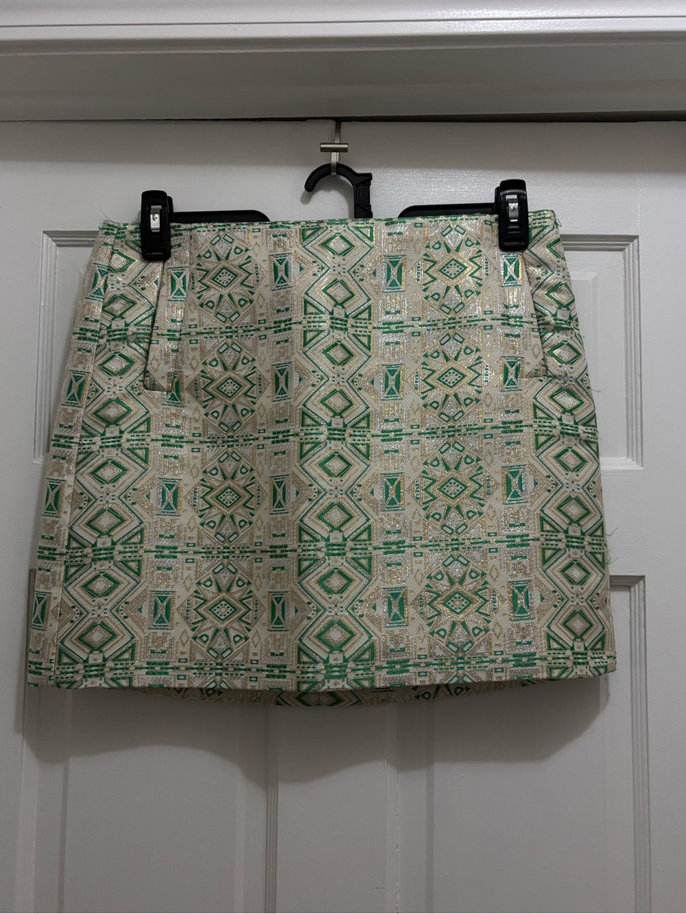 J. Crew Green and Cream Geometric Mini Skirt